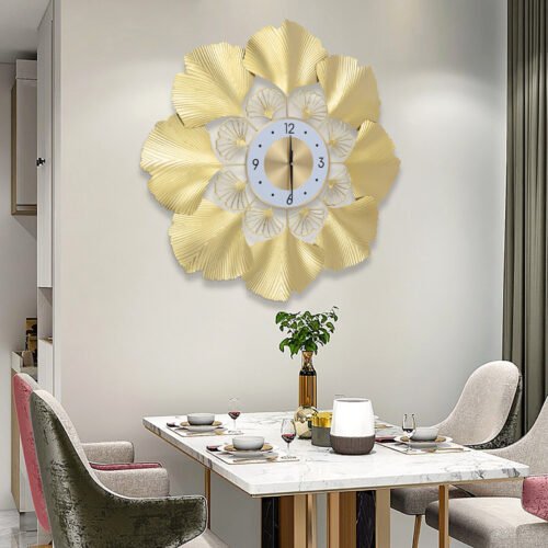 70cm Gold Round Ginkgo Biloba Wall Clock Large Wall-Watch Living Room Art Decor