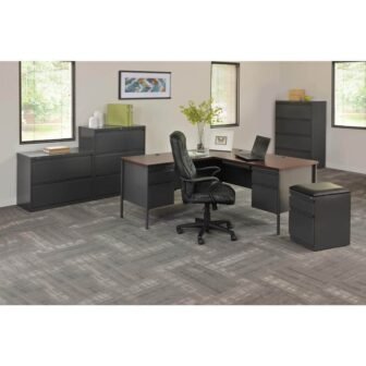 72 in. W x 66 in. D L Shape Charcoal/Mahogany 5 Drawer Executive
