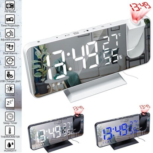 7.4" LED Digital Projection Dual Alarm Clock Snooze FM Radio Timer Monitor USB