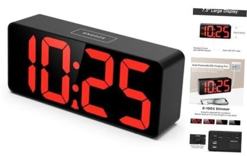 7.5 Inches Oversized Digital Alarm Clock for Seniors & Visually Black+red Digit