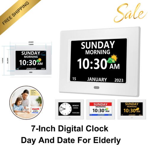 7" Digital Clock for Seniors, Day & Date, 12 Alarms, Medication Reminders, White