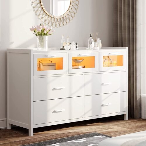 7 Drawer Dressers with LED Lights Bedroom Cabinet Closet Wooden Long Dresser