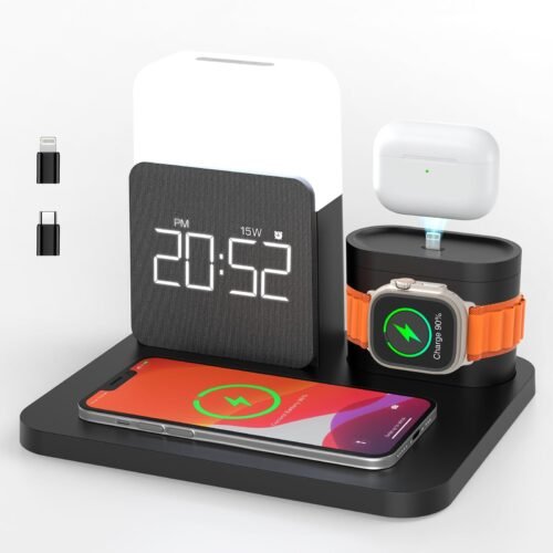 7 in 1 Charging Station for iPhone Wireless Charging Station Alarm Clock Nigh...