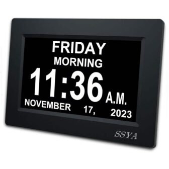 7 in. Black Calendar Clock 12 Alarm Options, Level 5 Auto Dimmable Display with