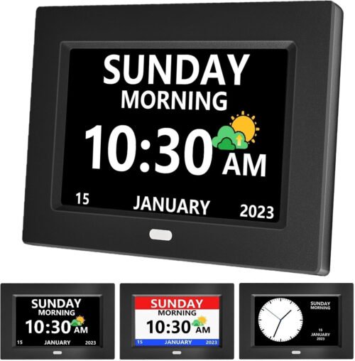 7 Inch Clock with Day and Date for Elderly Large Display Digital Clocks 12 Alarm