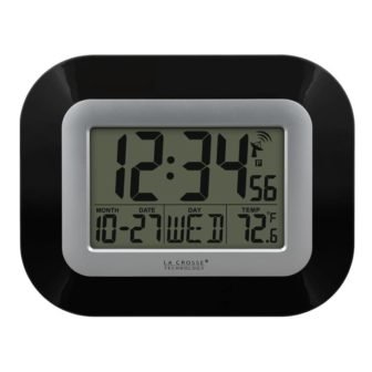 7 in. H Digital Atomic Black Wall Clock with Indoor Temperature