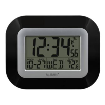 7 in. H Digital Atomic Black Wall Clock with Indoor Temperature