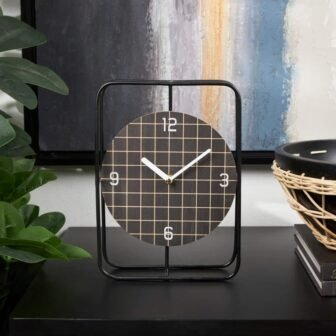 7 in. x 10 in. Black Metal Geometric Open Frame Clock with...