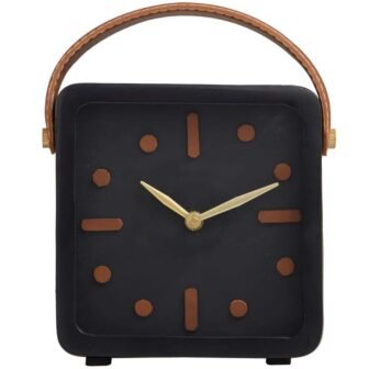 7 in. x 8 in. Black Metal Small Clock with Leather Handle...