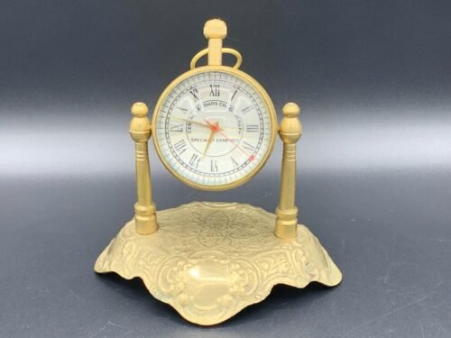 7 Jewels Convex Glass Ball/Round Desk Top Clock in Ornate Brass Stand Case