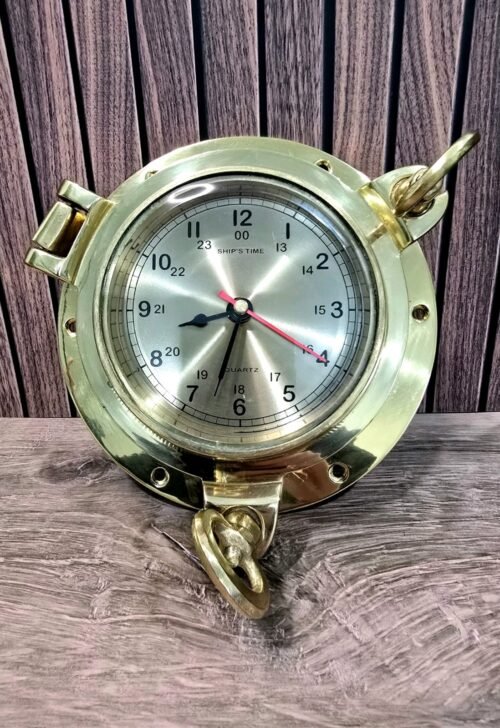 7" VINTAGE BRASS PORT HOLE SHIPS TIME QUARTZ NAUTICAL CLOCK