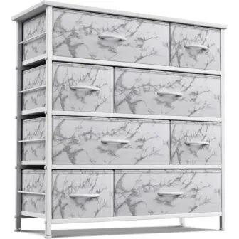 8-Drawer Marble White Dresser White Frame Wood Top Easy Pull Fabric Bins...