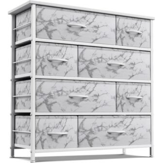 8-Drawer Marble White Dresser White Frame Wood Top Easy Pull Fabric Bins...