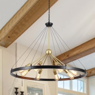 8-Light Farmhouse Black/Spray-Painted Gold Wagon Wheel Chandelier with Adjustable Chain for Study...