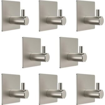 8-Piece Stainless Steel J-Hook Robe/Towel Hook with Square Mount Post in Brushed...