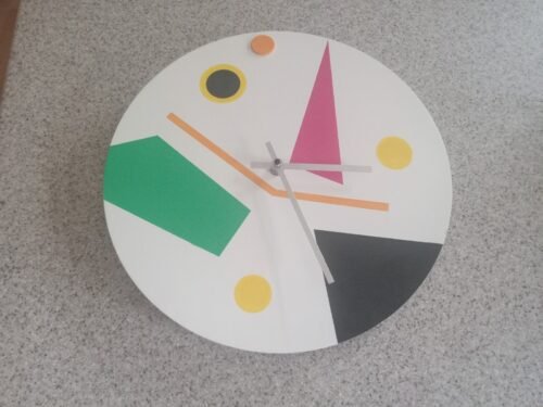 80'S STYLE ABSRTACT ART WALL CLOCK, 13" DIAM, GREG SMITH DESIGN
