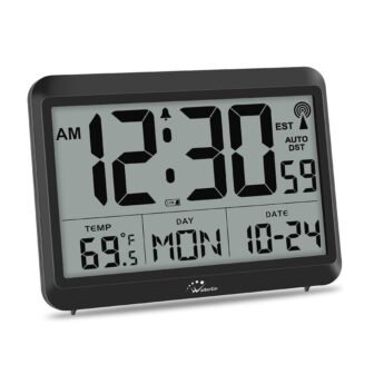 8.5 in. Black Digital Thermoplastic Atomic Clock with Indoor Temperature and Humidity...
