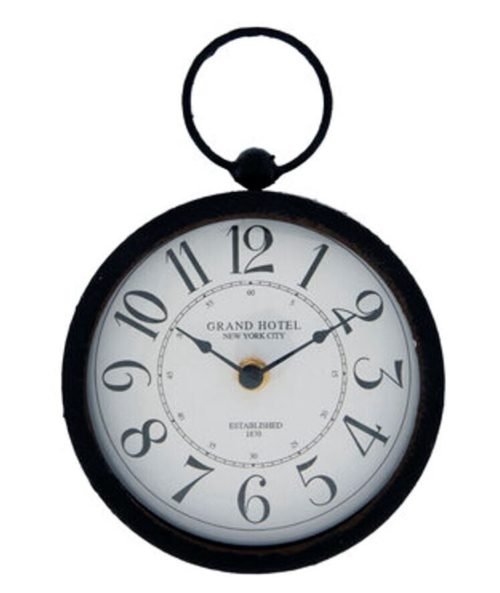 8.7” Hanging Pocket Watch Distressed Black Finish Wall Clock w/ Big Numerals