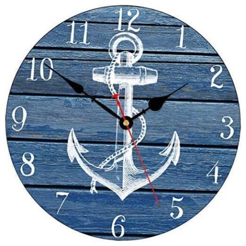8 Inch Blue Anchor Wall Clock, Nautical Coastal 20 cm White Anchor Pattern
