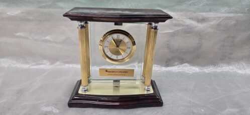8 Inch Desk Clock with Glass Front and Mahogany Colored Finish – Elegant Clock