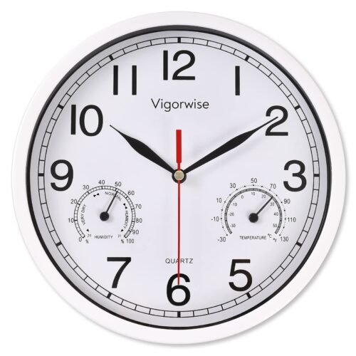 8 Inch White Wall Clock, Sweep Silent Movement Accurate Clocks with Temperatu...