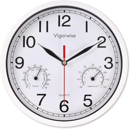 8 Inch White Wall Clock, Sweep Silent Movement Accurate Clocks with Temperatu...