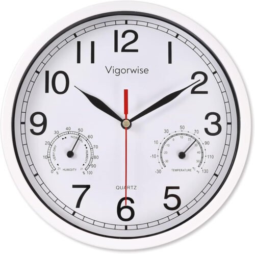 8 Inch White Wall Clock, Sweep Silent Movement Accurate Clocks with Temperature