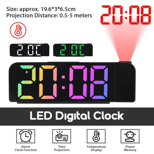 8" LED Projection Alarm Clock Digital LCD Screen Temperature Date Display Clock