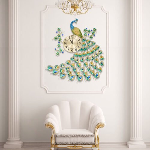 8'' Peacock Wall Clock 3D Metal Large Watch Living Room Wall Clock Watch Decor
