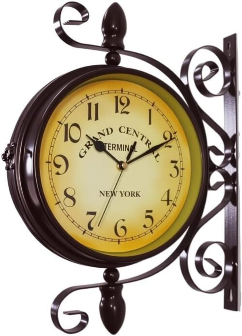 8" Round Antique-Style Wall Clock, Double-Sided Iron Retro Station Clock with Sc