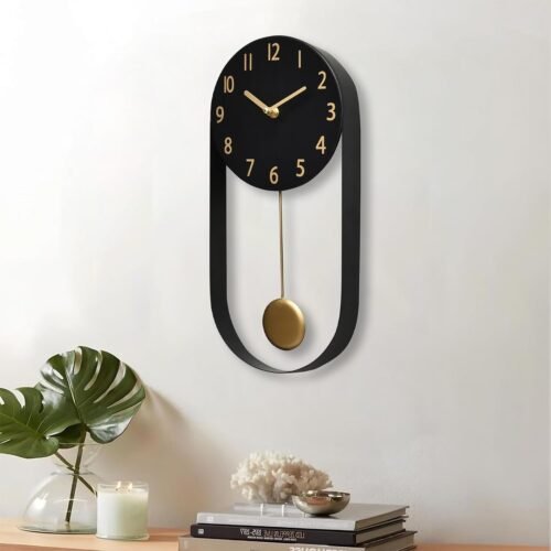 8" Silent Black Wall Clock – Modern Gold Pendulum, EmaxHome Metal Frame Design