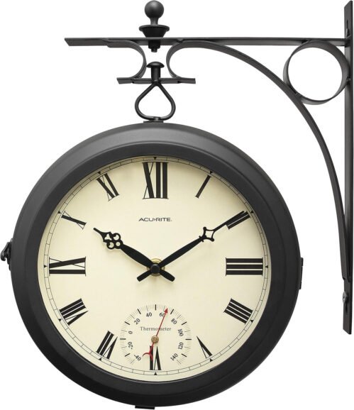 9-Inch Indoor Outdoor Double-Sided Hanging Clock 360-Degree Spin Weatherproof Bl