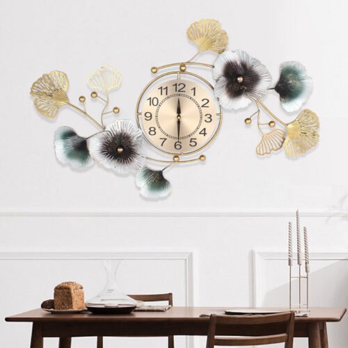 90*45cm Large Metal Wall Clock Ginkgo Leaf Wall Watch Living Rooms Homes Decor