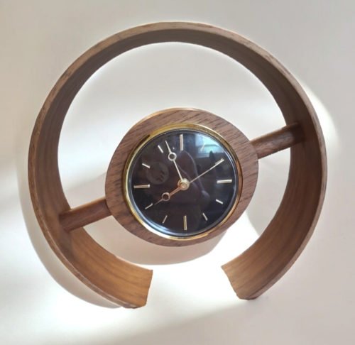 90s Hand Carved Desk Clock Round Abstract MCM works