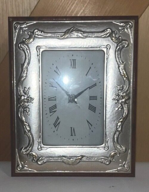 .925 STERLING SILVER/ WOOD Walnut Desk/Table Alarm Clock ITALY