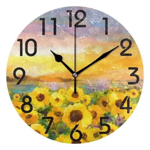 9.5-Inch Sunflower Oil Painting Print Round Wall Clock Decorative Quiet