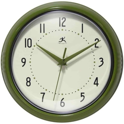 9.5 in Retro Round Wall Clock Olive Green Aluminum, Analog