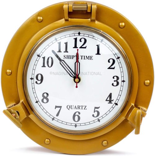 9" Antique Brass Ship'S Porthole Time'S Clock | Decorative Wall Clock | Nautical