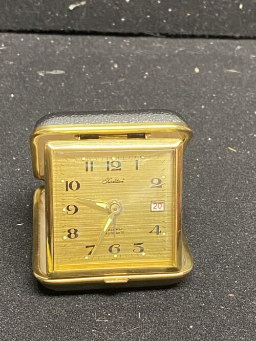 A10086 TRADITION Alarm Clock in Folding Black Case w/Gold Trim Alarm & Auto Date