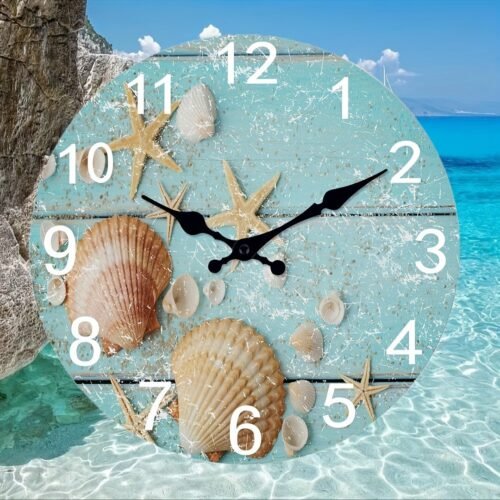 A 12 inch beach themed shell Starfish Blue wooden wall clock Large Quiet motion