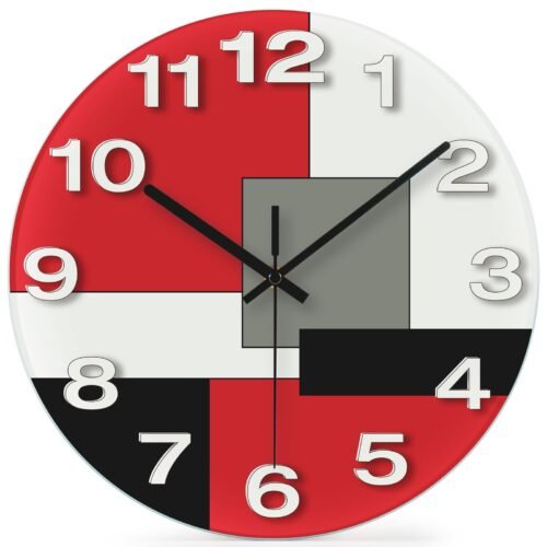 Abstract Geometric Glass 12" Wall Clock in White, Grey, Red and Black - Batte...