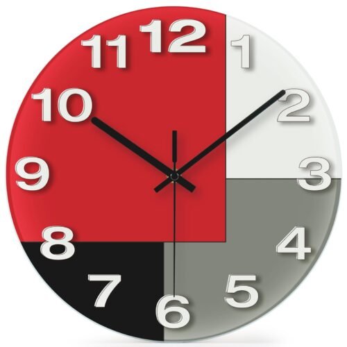 Abstract Geometric Glass 12" Wall Clock in White Grey Red and Black - Battery...