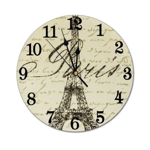 Abucaky Vintage Eiffel Tower Wall Clock Battery Operated Silent Round Clock Pari