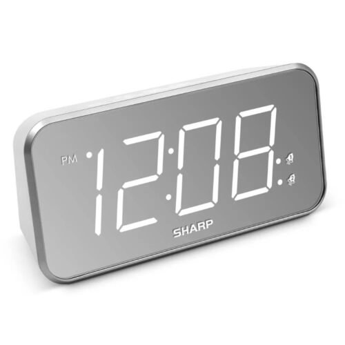 AccuSet Jumbo Mirror Display Alarm Clock White - Sharp: Modern Bedside LED Clock