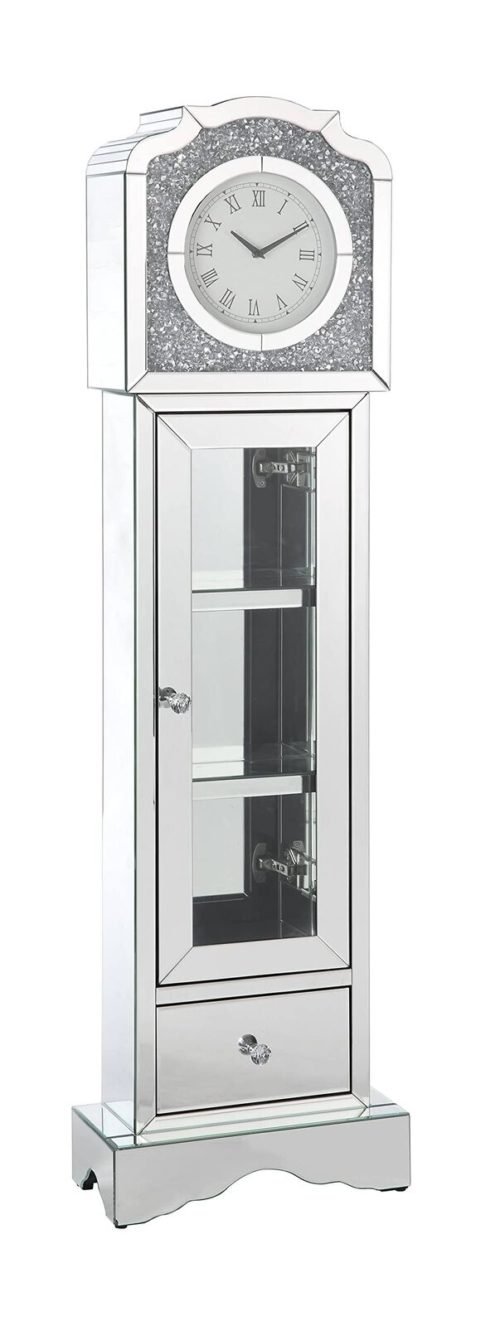 Acme Noralie Wood Frame Grandfather Clock in Mirrored and Faux Diamonds
