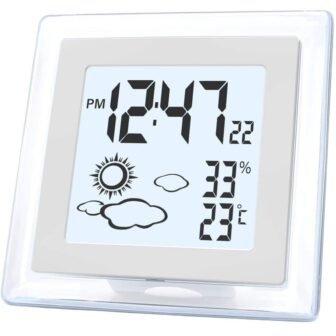Acrylic White Digital Battery Operated Alarm Desk Clock and Indoor Temperature Humidity...