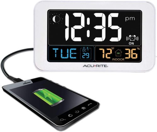 Acurite Intelli-Time Digital Alarm Clock for Bedroom with USB Charger, Indoor Te