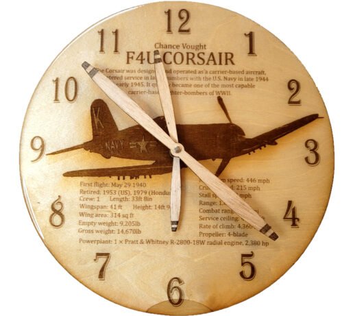 Airplane Clock 11" F4U CORSAIR Wood Burned Glazed Silent Wooden Wall Clock