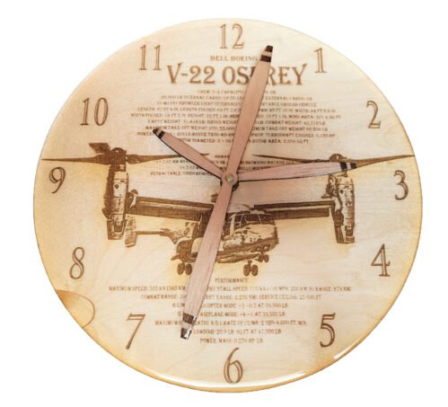 Airplane Clock V-22 OSPREY Wood Burned Glazed Silent Wooden 11 inch Wall Clock