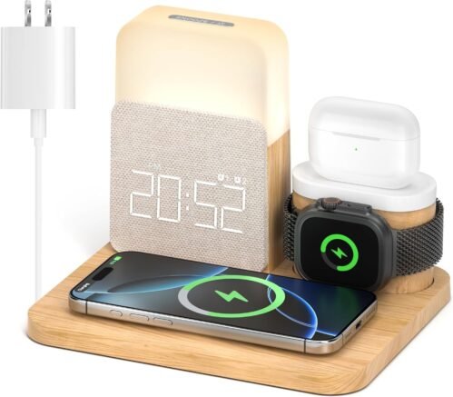 Alarm Clock Charging Station for Bedrooms, 7 in 1 Wireless Wood